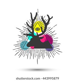 Abstract triangle with deer and rays. Vector pyramid symbol / logo / label / tattoo isolated on grunge background with spots