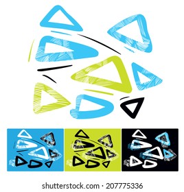 Abstract triangle doodle pattern set, vector illustration. Blue, green and black color variations.