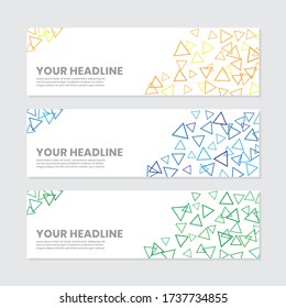 Abstract Triangle Element Banner Template. Spread and Random Layout. Yellow, blue, green. Vector Illustration. Invitation, greeting, promotional design for banner, cover, web, poster, or any media.