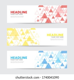 Plantilla de banner del elemento Triángulo Resumen. Disposición aleatoria y extendida. Rojo, amarillo y azul. Ilustración vectorial. Invitación, saludo, diseño promocional para banner, portada, web, afiche o cualquier medio.