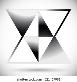 Abstract triangle form. Overlapping, intersecting triangles. Pointed, triangular element, shape. Monochrome, black and white graphics 