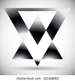 Abstract triangle form. Overlapping, intersecting triangles. Pointed, triangular element, shape. Monochrome, black and white graphics 