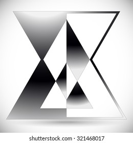 Abstract triangle form. Overlapping, intersecting triangles. Pointed, triangular element, shape. Monochrome, black and white graphics 