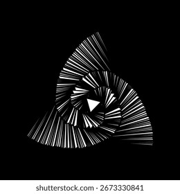 Abstract triangle fractal shape. Line spiral pattern. Fractal flower, dynamic wave, blend triangle, line tunnel, twist star. Futuristic design element on black background. Vector illustration
