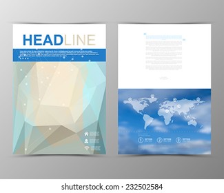 Abstract triangle geometric brochure template. Map. Flyer Layout. Flat Style. Infographic Elements. Minimalistic multifunctional media backdrop. Blurred. Icons.  Vector illustration. 