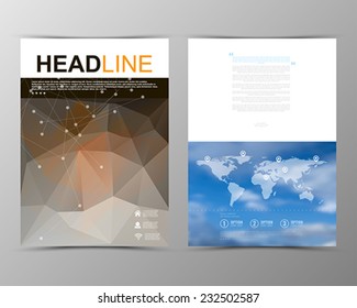 Abstract triangle geometric brochure template. Map. Flyer Layout. Flat Style. Infographic Elements. Minimalistic multifunctional media backdrop. Blurred. Icons.  Vector illustration. 