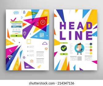 Abstract Triangle Geometric Vector Brochure Template. Flyer Layout. Flat Style. Infographic Elements. Tablet PC. Mobile Technology