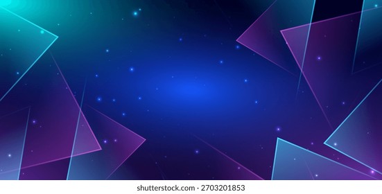 Triângulo abstrato brilhando azul e roxo no fundo azul. Conceito de fundo de tecnologia. Ilustração vetorial