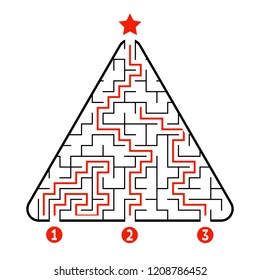 Abstract triangle labyrinth. Game for kids. Puzzle for children. Find the right path to the star. Labyrinth conundrum. Vector illustration isolated on white background. With answer. Christmas tree.
