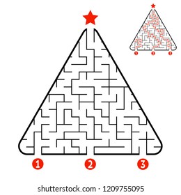 Abstract triangle labyrinth. Game for kids. Puzzle for children. Find the right path to the star. Labyrinth conundrum. Vector illustration isolated on white background. With answer. Christmas tree.