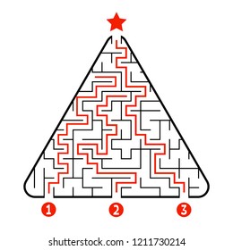 Abstract triangle labyrinth. Game for kids. Puzzle for children. Find the right path to the star. Labyrinth conundrum. Vector illustration isolated on white background. With answer. Christmas tree.