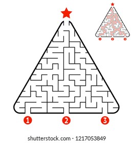 Abstract triangle labyrinth. Game for kids. Puzzle for children. Find the right path to the star. Labyrinth conundrum. Vector illustration isolated on white background. With answer. Christmas tree.