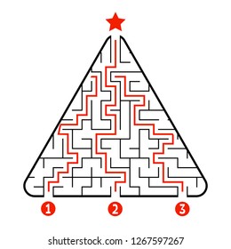 Abstract triangle labyrinth. Game for kids. Puzzle for children. Find the right path to the star. Labyrinth conundrum. Vector illustration isolated on white background. With answer. Christmas tree.