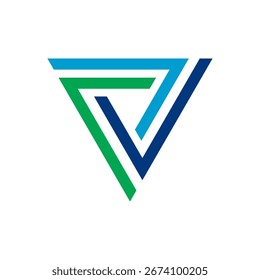 Logotipo triangular abstrato em azul e verde, estilo geométrico para tecnologia, soluções corporativas e inovadoras de branding.