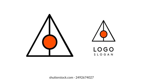 Abstract triangle logo with central orange circle. Modern, minimalistic design with black lines and clean outline for corporate branding, business identity, and professional use. Vector illustration