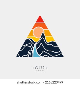 Abstract Triangle Mountains Logo Or Badge Or Patch Or Label Design Template With Mountains Sunset Silhouette. Vector Illustration