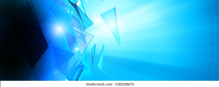Abstract triangle polygonal crystal glass shatter sphere glowing on blue shining background with blank space for banner futuristic concept
