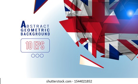 Abstract triangle polygonal United kingdom flag sign sphere glowing on light blue and white space background with future technology culture knowledge or combination and unity conceptual