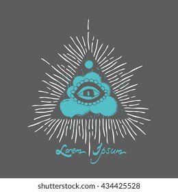 Abstract triangle with rays. Vector pyramid symbol / logo / label / tattoo isolated on dark background