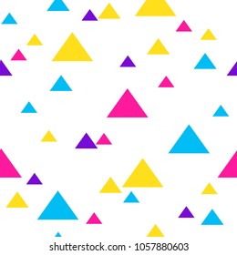 Abstract triangle seamless pattern background. Modern futuristic illustration for birthday card, party invitation, wallpaper, holiday wrapping paper, fabric, bag print, t shirt,  workshop advertising.