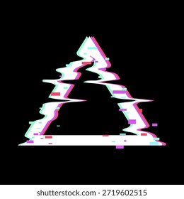 Abstractas forma de triángulo que tiene un moderno efecto de fallo digital con canales de color RGB que crean un error visual y estética tecnológica sobre un fondo negro