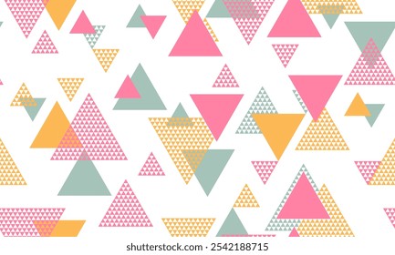 Abstract triangle shapes seamless pattern vector design. Abstract geometric geo print. Colorful triangles motion backdrop. Mix triangular shapes repeating pattern.