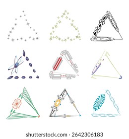 Abstract triangle shapes. Tech decor symbol. Fantasy triangle vector. Color line composition.
