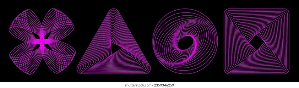 Abstract triangle, square, circle shapes in trendy neon pink color. Trendy, 90s style. Retrofuturistic y2k shapes from 00s, 90s, 80s. Vector illustration.