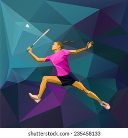 Abstract triangle style female badminton player hitting the shuttle