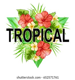 Abstract triangle tropical background with green leaves and red flowers