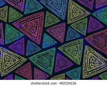 Abstract triangles background. Colorful ornament background. Trendy boho background. Summer bright colors. Abstract doodle triangles background can be used for web design, wallpapers and prints.