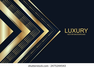 Abstract triangles dark blue geometric with golden line and glitter gold dot on dark blue background. Luxury style