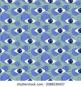 Abstract triangles and eyes, spirals and circles Mystical ornament. Vector illustration. For textiles, prints, packaging, scrapbooking, covers and brochures, flyers, gift shops.
