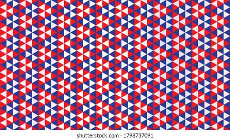 Abstract Triangles Ornament. Geometric Seamless Pattern Design Template. Triangular Shapes Wallpaper. Dark Blue, Red And White Color Theme.