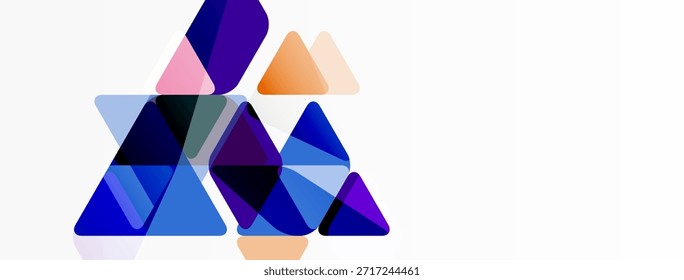 Los triángulos Abstractas se superponen, creando una composición geométrica vibrante. Los tonos azules, morados y naranjas dominan el fondo blanco. Elemento de diseño moderno.