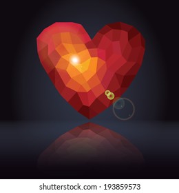 Abstract triangles - polygons red heart in dark background.Mirror reflection. The effect of solar flare. Vector