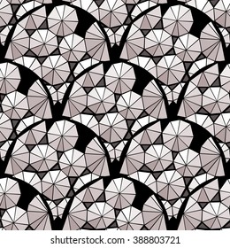 Abstract triangles in round. Monochrome vector seamless pattern.