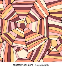 Abstract triangles and stripes in beige, orange, yellow, and brown. Boho style. Vector seamless pattern. Design for fabric, print, wallpaper.