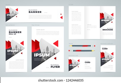 Abstract triangles theme Set flyer cover, tri-fold, banner, roll up banner, business card red color