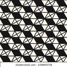 Abstract triangles vector pattern. Black and white geometric seamless texture with small triangles, rhombuses, zigzag stripes, hexagonal grid, net. Stylish monochrome graphic background. Repeat design