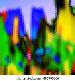 Abstract triangular background resembling modern architecture. Blue, green, yellow and orange abstract city