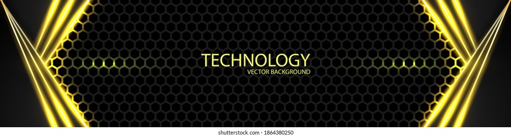 Abstract triangular black shapes with golden glowing lines on a black carbon honeycomb grid. Bright energy flashes under the hexagon in dark technology illustration.