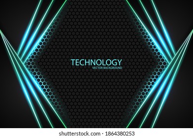 Abstract triangular black shapes with neon glowing lines on a black carbon honeycomb grid. Bright neon energy blinks under the hexagon in dark technology illustration.