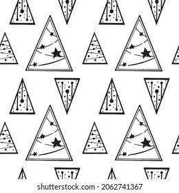 Abstract triangular Christmas trees with stars. Seamless vector pattern. Unusual design for Christmas and New Year. Black and white graphics for packaging, wrapping paper, fabric, postcards.