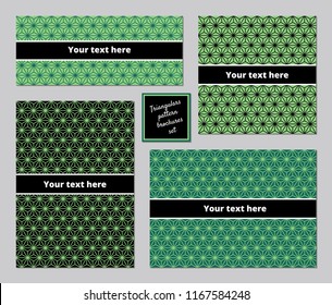Abstract triangular and hexagons lines geometric pattern A5 brochure vector templates set green