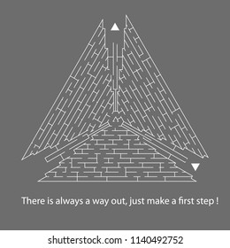 Abstract triangular imaze. White color on a grey background. An interesting and useful game for children and adults. Simple flat vector illustration.