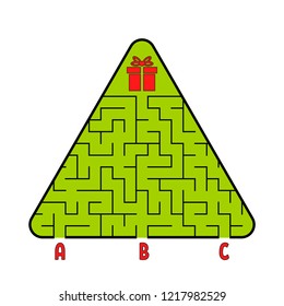 Abstract triangular labyrinth. Christmas tree with a gift. Find the right path. Game for kids. Puzzle for children. Labyrinth conundrum. Flat vector illustration isolated on white background