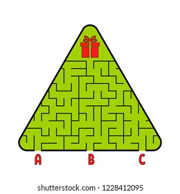 Abstract triangular labyrinth. Christmas tree with a gift. Find the right path. Game for kids. Puzzle for children. Labyrinth conundrum. Flat vector illustration isolated on white background