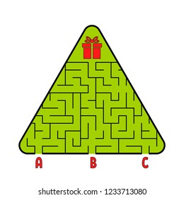 Abstract triangular labyrinth. Christmas tree with a gift. Find the right path. Game for kids. Puzzle for children. Labyrinth conundrum. Flat vector illustration isolated on white background