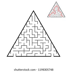 An abstract triangular labyrinth with an entrance and an exit. An interesting and useful game for children. Simple flat vector illustration isolated on white background. With the answer